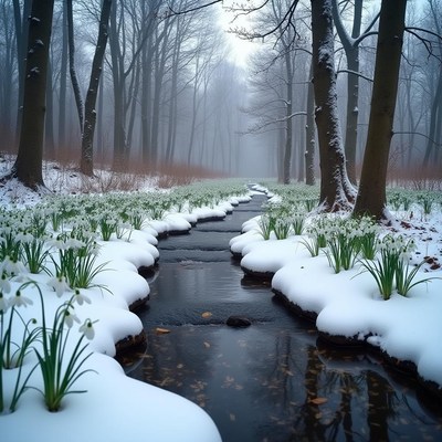 Snow-covered stream flowing through a quiet forest