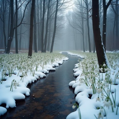 Snowdrops bloom beside a serene winter stream
