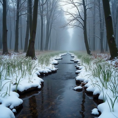 Snowy forest with a serene stream in winter