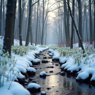 Snowy stream flows through a quiet winter forest