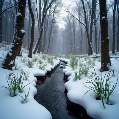 Snowy landscape with a creek surrounded by trees
