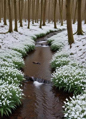 Snow-covered stream surrounded by blooming flowers in forest