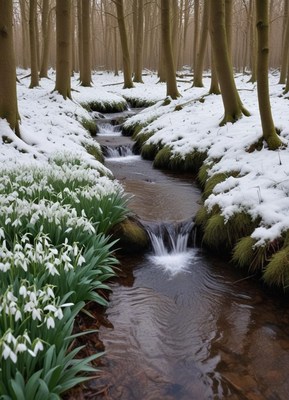Winter stream surrounded by snow and blooming flowers