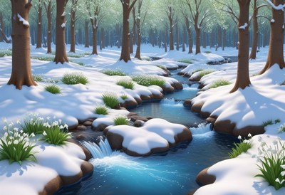 Snowy forest landscape with a flowing stream in spring