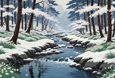 Winter stream flowing through a snowy forest landscape