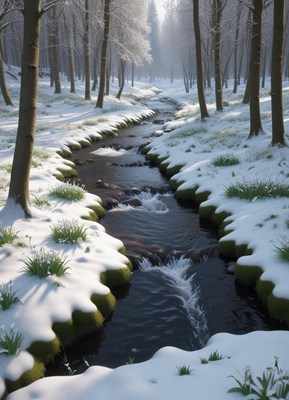 Winter stream flowing through a snowy forest landscape