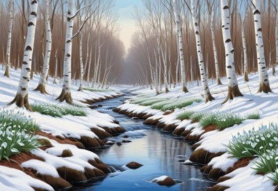 Snowy forest with a tranquil stream in early spring