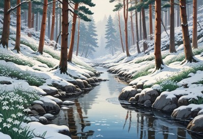 Snowy forest with a serene stream at dusk