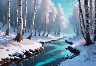 Winter landscape with snow and a tranquil stream