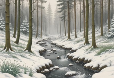 Snowy forest landscape with a winding stream