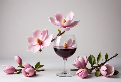 Elegant glass of wine with pink magnolia flowers