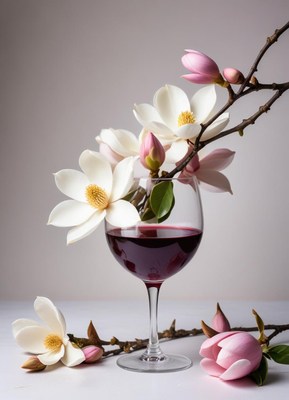 Elegant wine glass adorned with fresh magnolia flowers