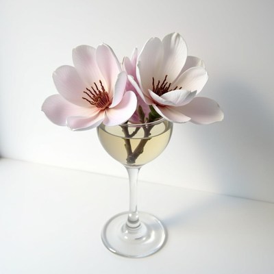Beautiful faux flowers in a glass with liquid