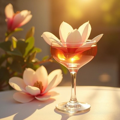 Refreshing cocktail with magnolia flower at sunset