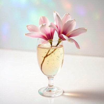 Refreshing drink with pink flowers in glass