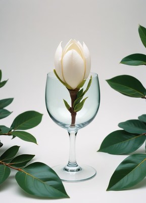 Elegant flower arrangement in a glass with green leaves