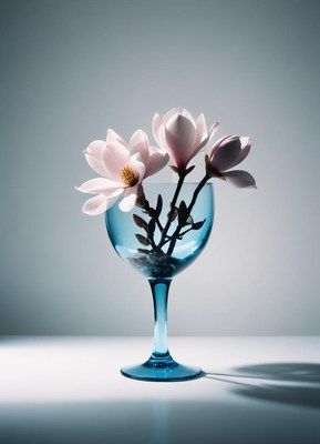 Delicate flowers in a blue glass vase on a table
