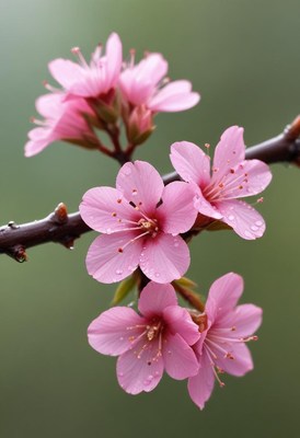 Pink cherry blossoms blooming in springtime sunlight