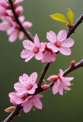 Pink cherry blossoms bloom on a branch in springtime
