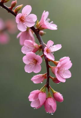 Blossoming pink flowers with water droplets in nature