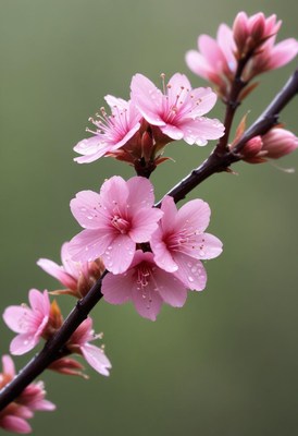Cherry blossoms bloom in spring with raindrops on petals