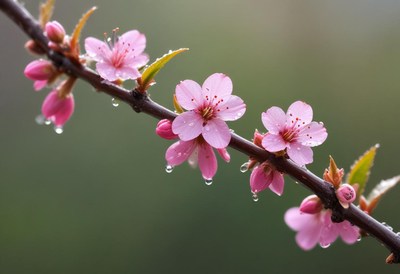 Cherry blossom branch adorned with delicate raindrops