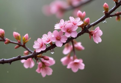 Cherry blossom branch with delicate pink flowers and dew