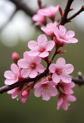 Pink cherry blossoms bloom on a branch in springtime