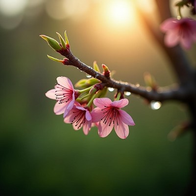Pink cherry blossoms bloom at sunset in the garden