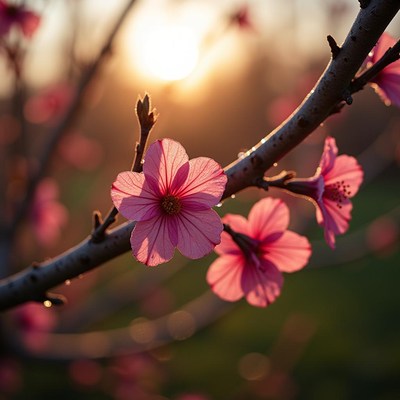 Beautiful pink flowers at sunset in a serene garden