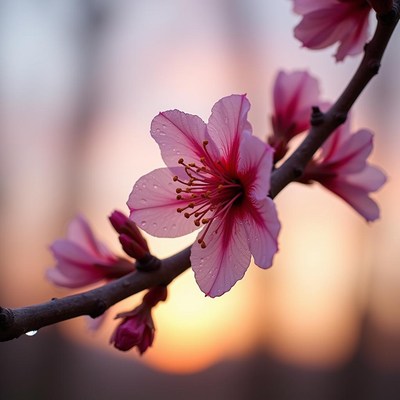 Pink cherry blossom branches at sunset