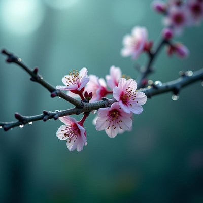 Cherry blossoms bloom on a branch in soft morning light