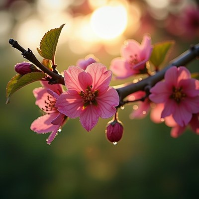 Beautiful cherry blossoms bloom in warm evening light