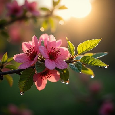 Blossoming pink flowers under warm evening sunlight