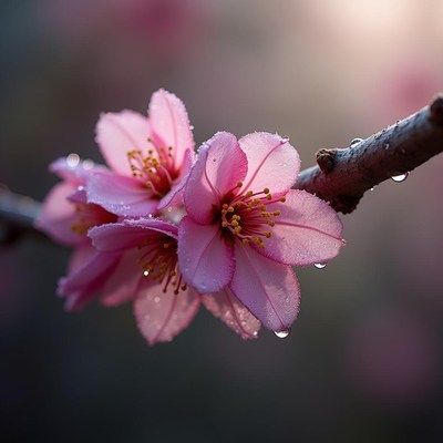Pink cherry blossoms bloom on a branch with dew