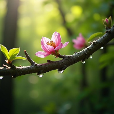 Pink blossom on branch with droplets in lush forest