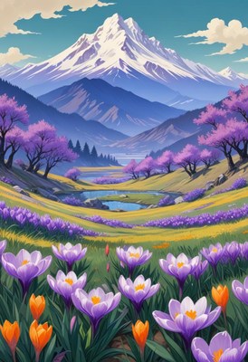 Spring blooms and mountains in a beautiful landscape
