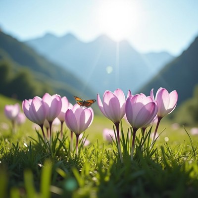 Butterfly over pink flowers in sunny valley