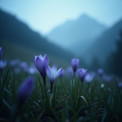 Violet flowers bloom in a misty mountain valley