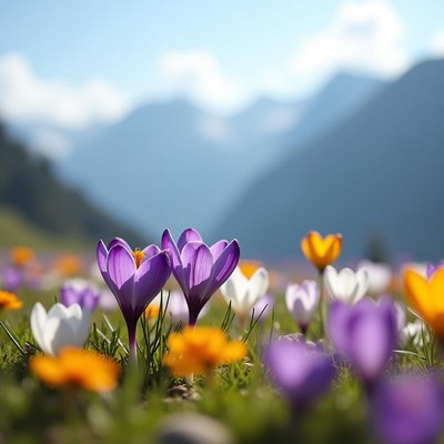 Vibrant flowers bloom in a mountain meadow during spring
