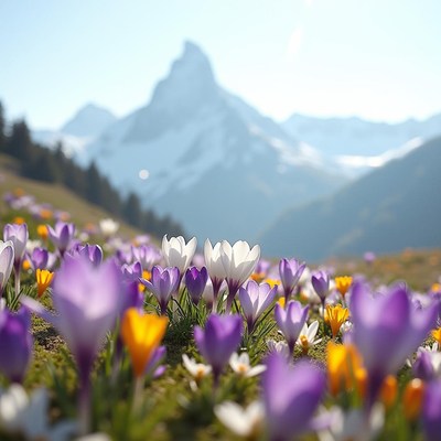 Colorful spring flowers bloom in the alps