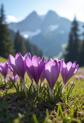 Vibrant purple crocuses blooming in the mountains