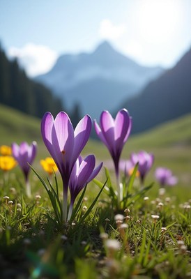 Vibrant purple crocuses bloom in the mountain meadow