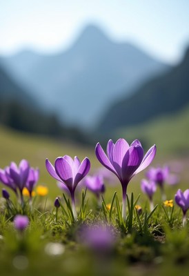 Beautiful purple flowers bloom in sunny mountain field