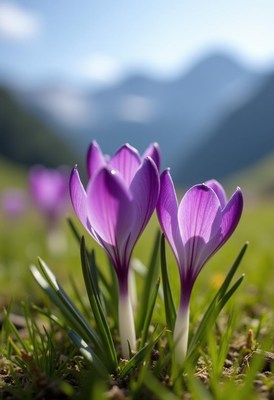 Vibrant purple crocuses bloom against mountain backdrop