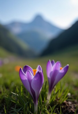 Beautiful purple crocus flowers blooming in spring meadow