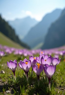 Crocus flowers blooming in a serene mountain valley