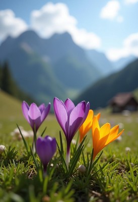 Colorful spring flowers bloom in mountain landscape