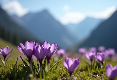 Crocuses bloom in the mountains during springtime