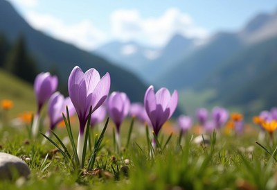 Purple flowers bloom in a mountain valley during spring